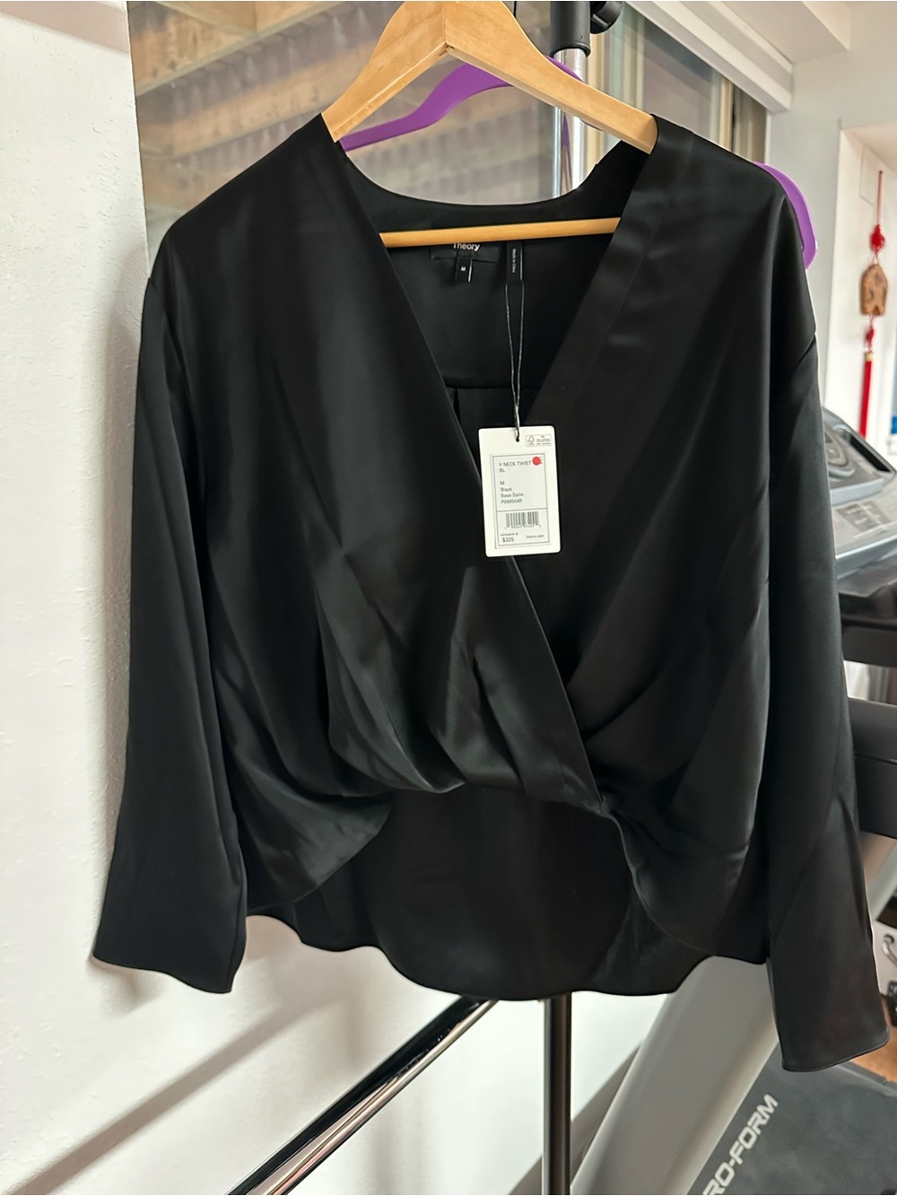 Theory Black Satin Draped Wrap Blouse